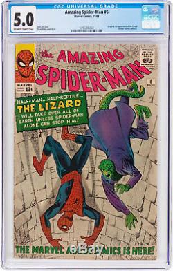 AMAZING SPIDER-MAN #6 (11/63), CGC 5.0 OWithW PAGES. 1st LIZARD